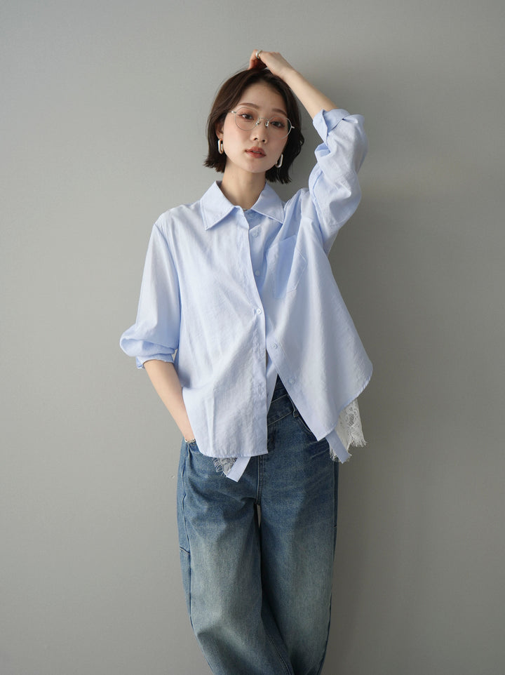 [予約]レイヤードデザイン裾レースブラウス/blue