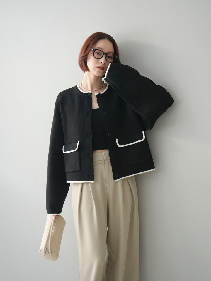 [SET]ポリエステル配色ニットカーディガン+ウエストレースタックワイドパンツ(2set)