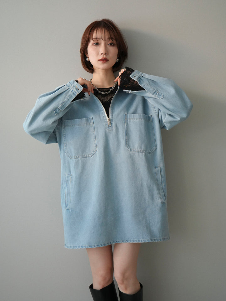 [SET]ハーフジップデニムミニワンピース+チュールレーストップス(2set)