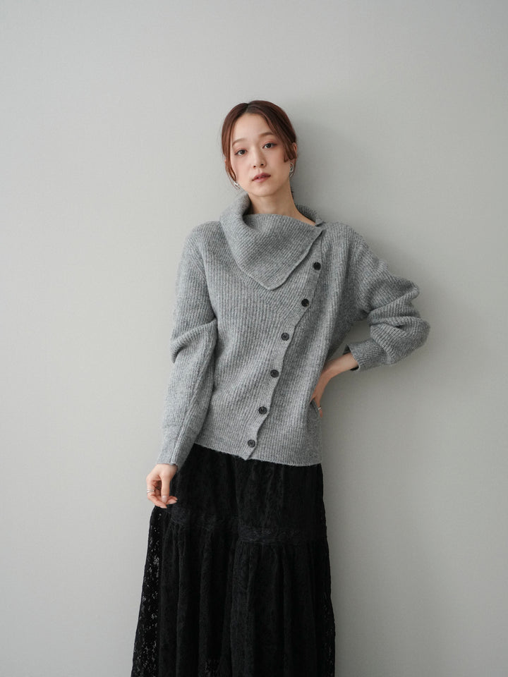 [SET]ハイネックデザインボタンニットカーディガン+起毛レースティアードスカート(2set)