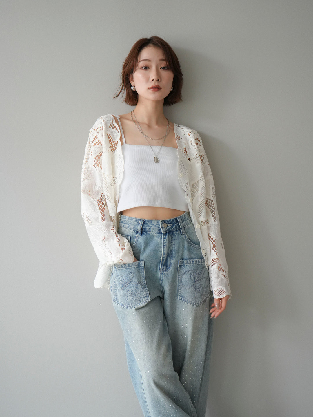 【套裝】3D蕾絲荷葉邊上衣+前口袋串珠闊腿牛仔褲（兩件套）