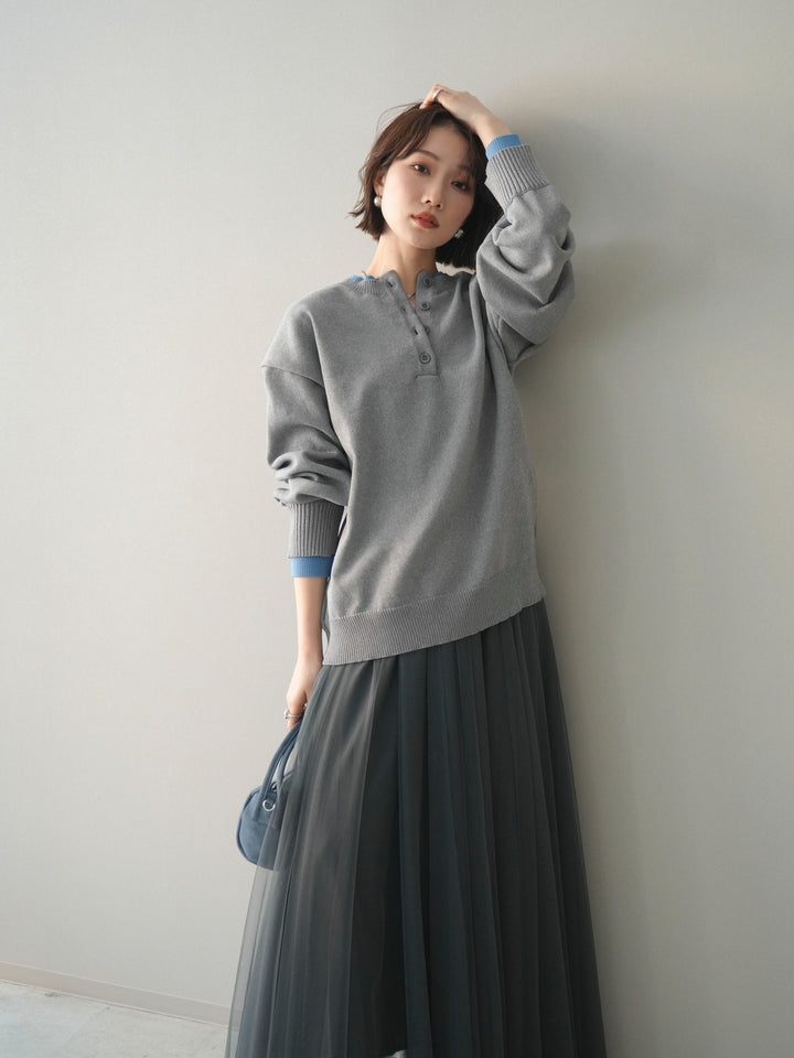 [予約]2WAYネック配色レイヤードニットプルオーバー/gray