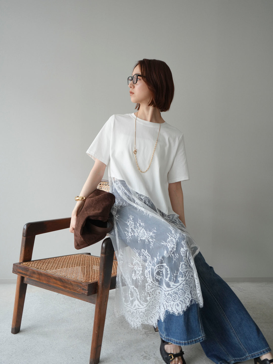 [予約]レースドッキングレイヤードワンピースTEE/white