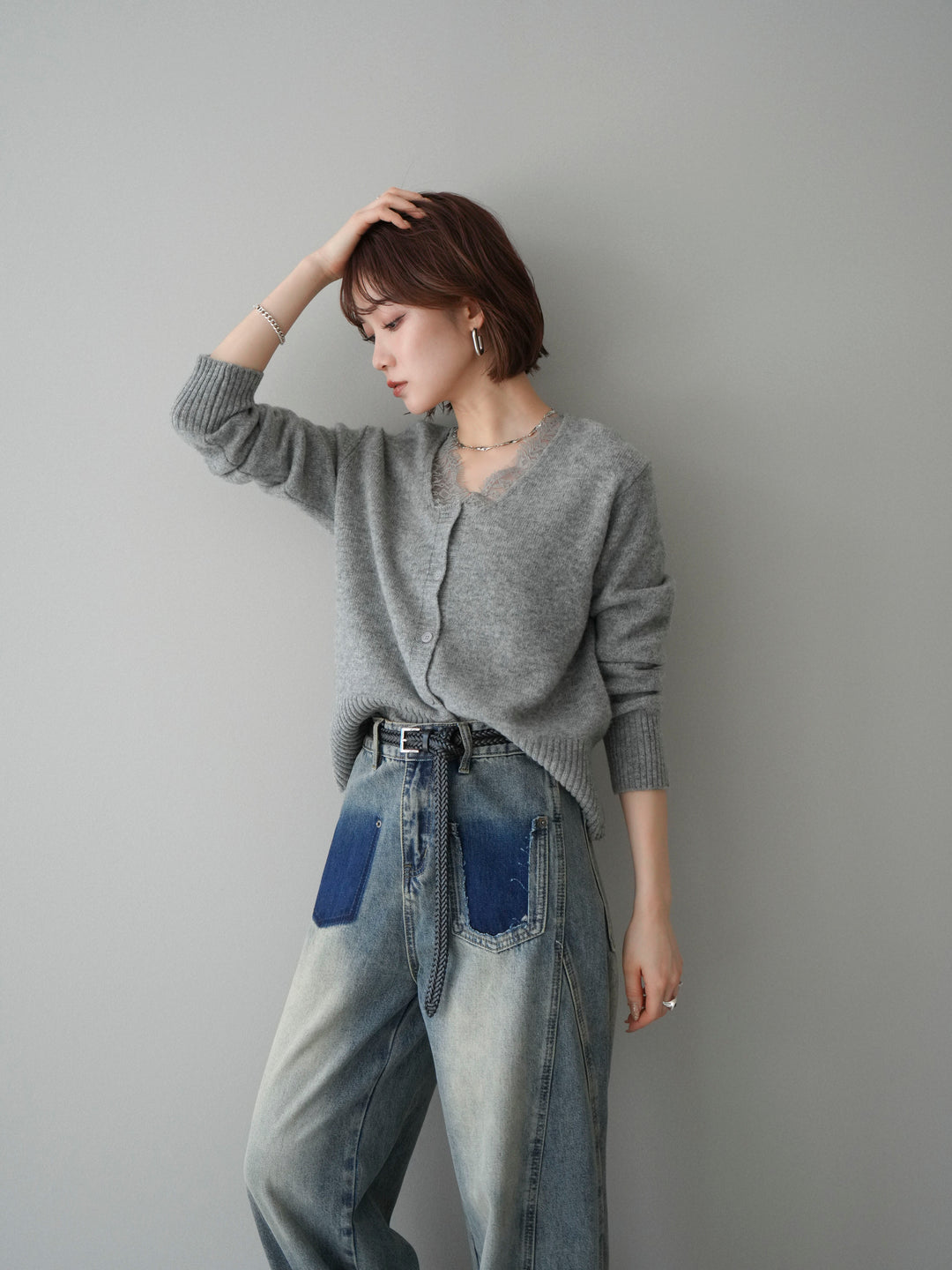 [SET]レースネックニットカーディガン+染めデザインポケットデニムパンツ(2set)