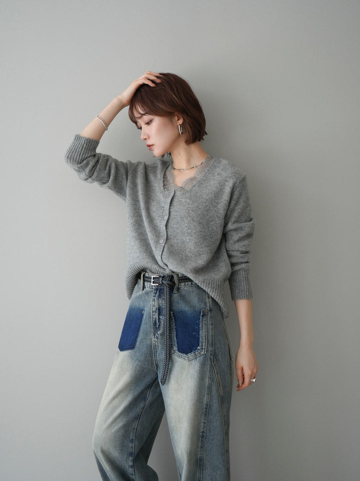 [SET]レースネックニットカーディガン+染めデザインポケットデニムパンツ(2set)