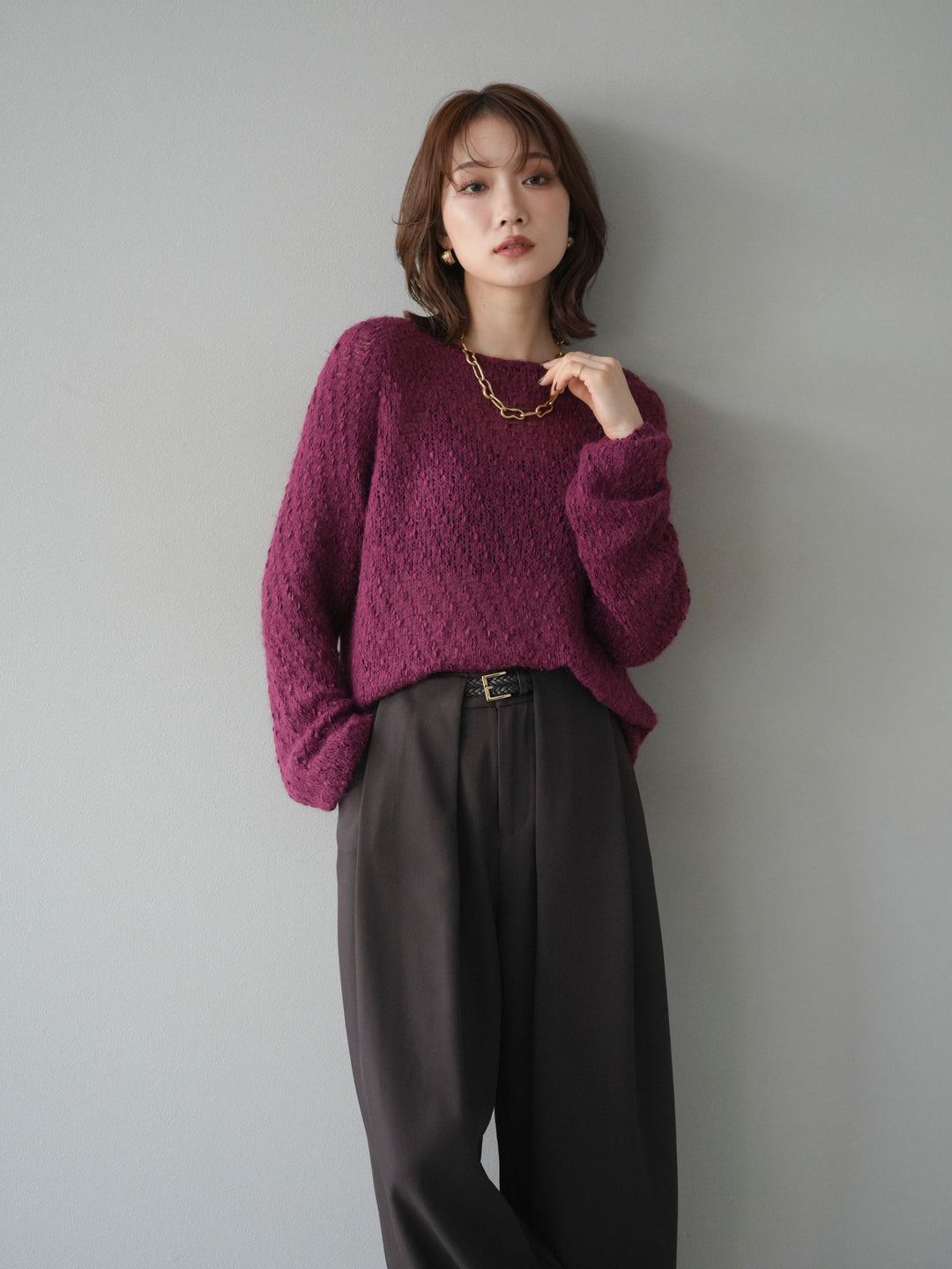 【着回しセット】[SET]求心柄クロップドニットカーディガン+異素材ミックスヤーンニットプルオーバー+ベルトループデザインワイドパンツ(3set)