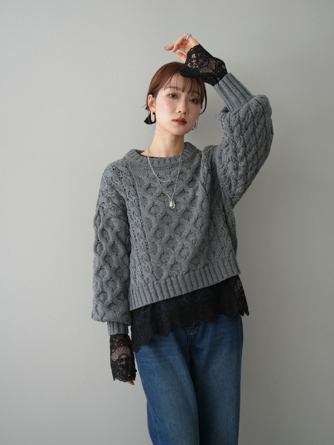 【着回しセット】[SET]バルキーケーブルクロップドニットプルオーバー+アンゴラタッチクルーネックニットプルオーバー+チュールレーストップス(3set)