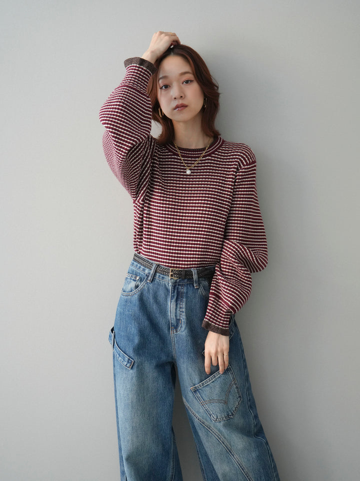 [SET]ラメ異素材ボーダーリブニットプルオーバー+ペインターカーブデニムパンツ(2set)