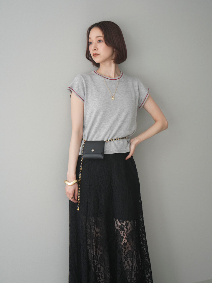 [SET]配色ハーフスリーブニットトップス+配色ハーフスリーブニットトップス(2set)