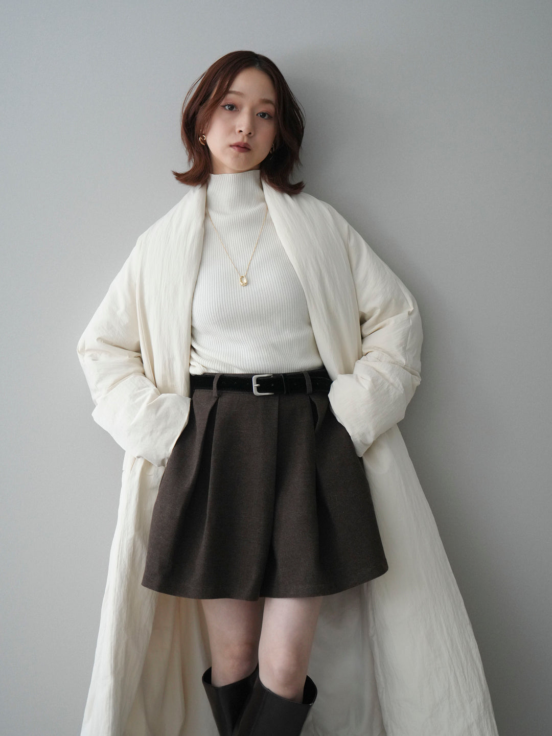 [SET]ロングダウンコート+ベルト付きタックミニスカート(2set)