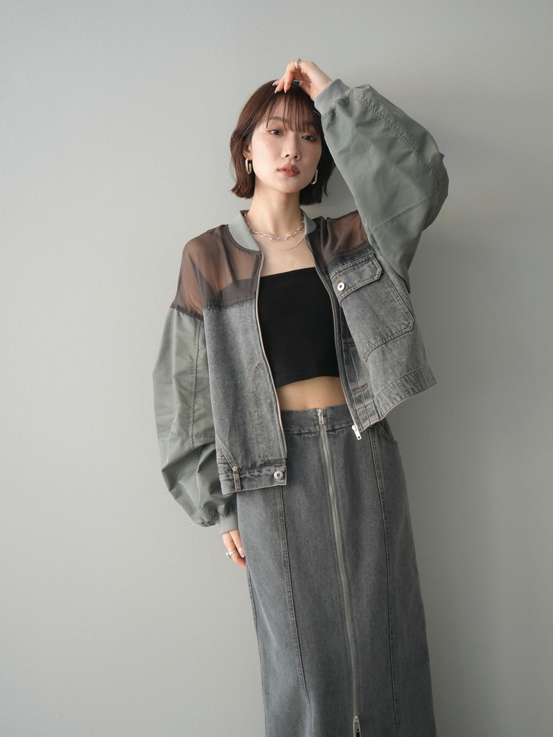 [SET]異素材デニムブルゾン+フロントジップデニムスカート(2set)