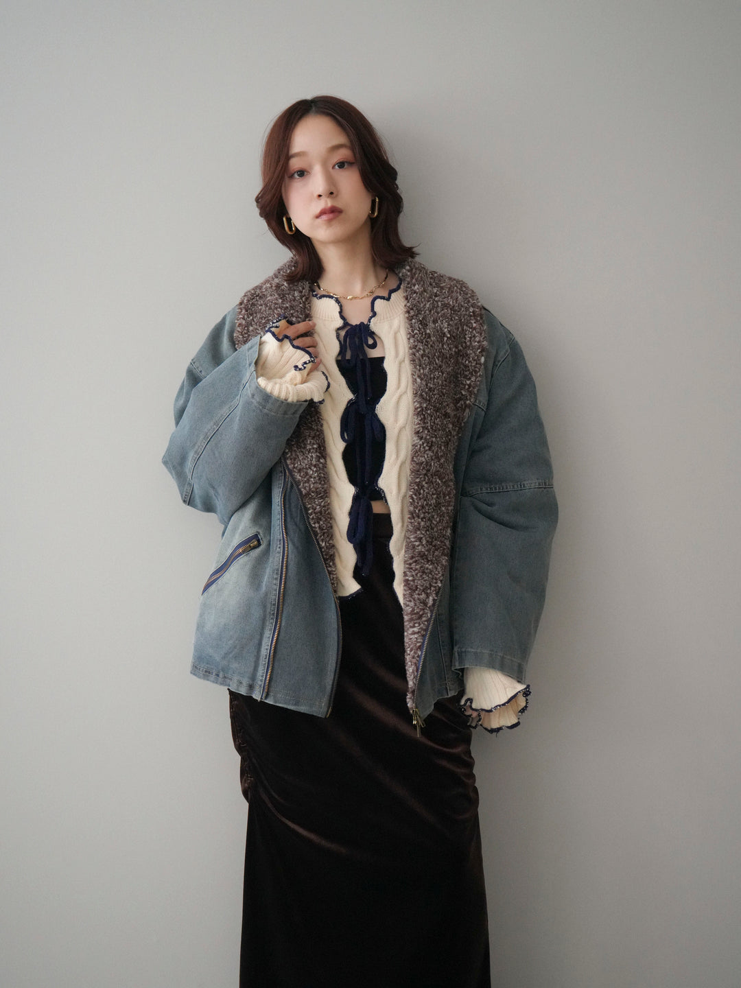 [SET]ミックスボアデニムジャケット+フロントリボン配色メローニットカーディガン(2set)