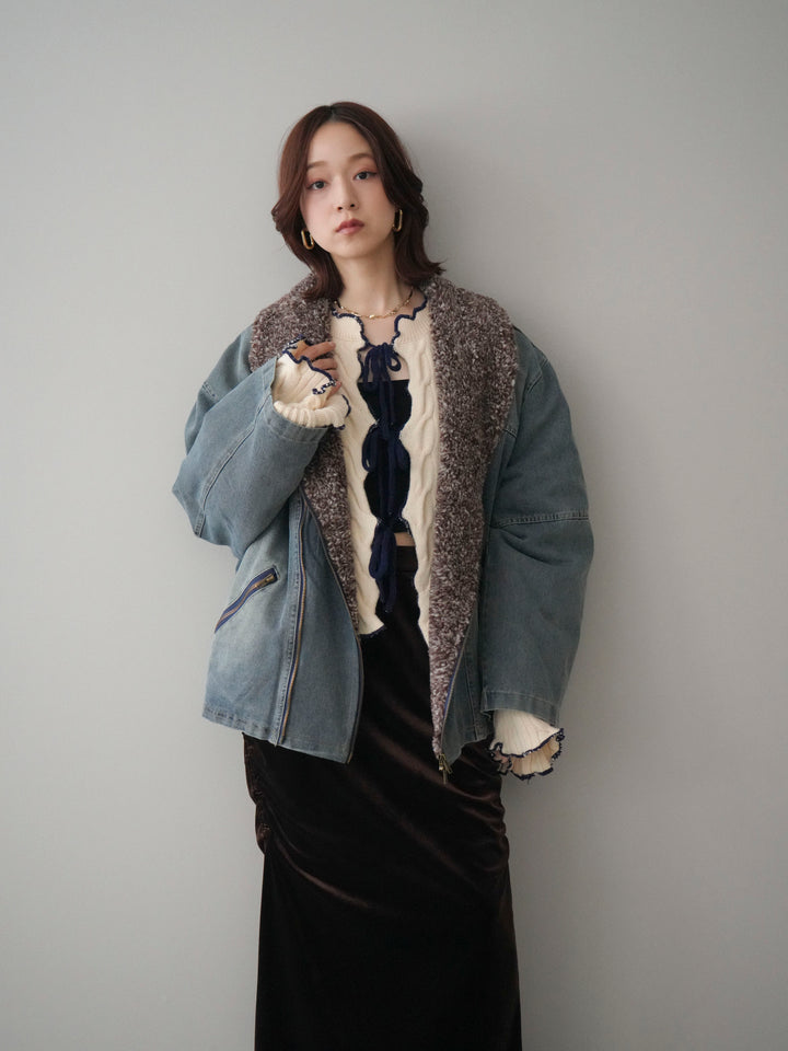 [SET]ミックスボアデニムジャケット+フロントリボン配色メローニットカーディガン(2set)