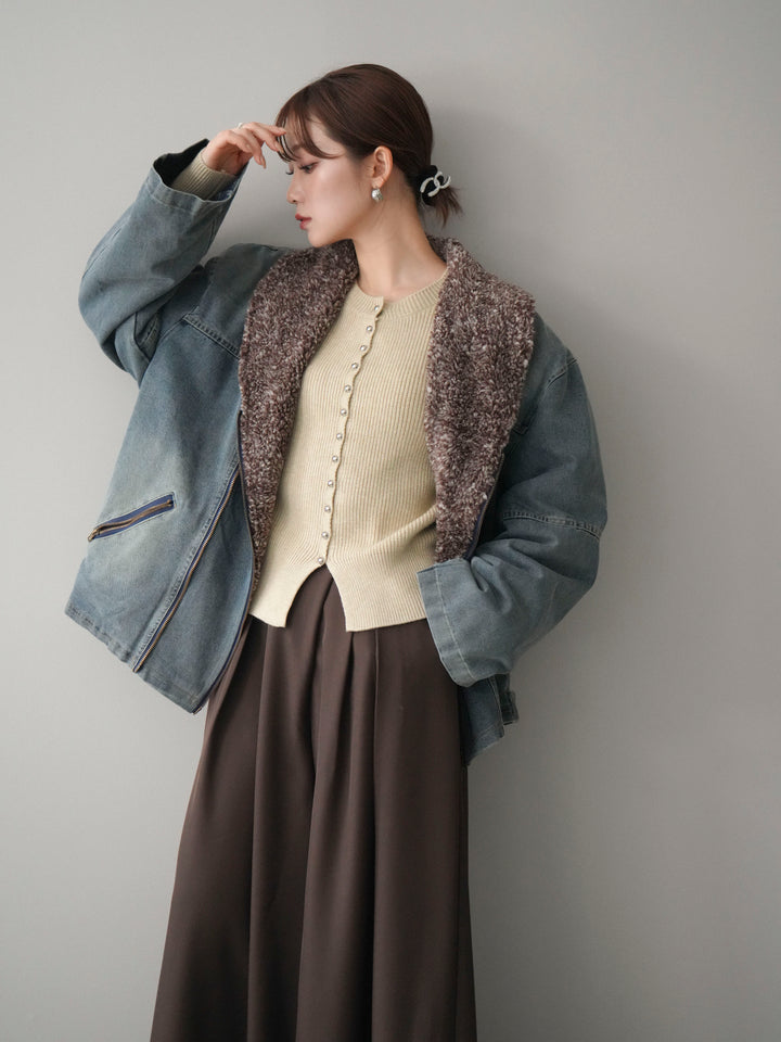 [SET]ミックスボアデニムジャケット+テープベルトタックバギーパンツ(2set)