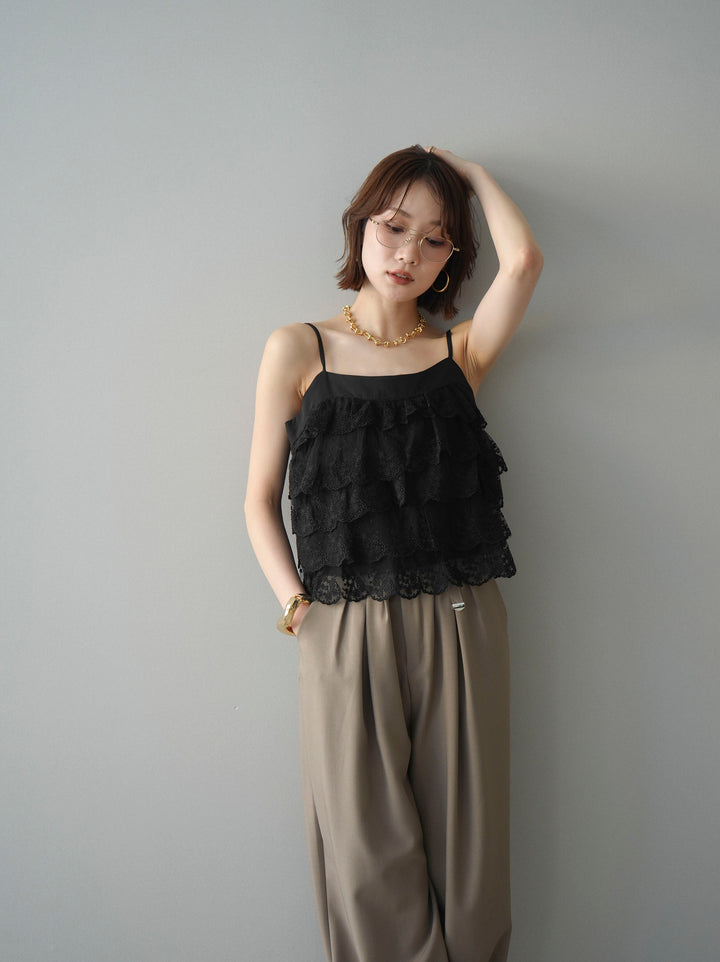 [SET]スカラップレースフリルキャミソール+ベルト付キーホルダーモチーフワイドパンツ(2set)
