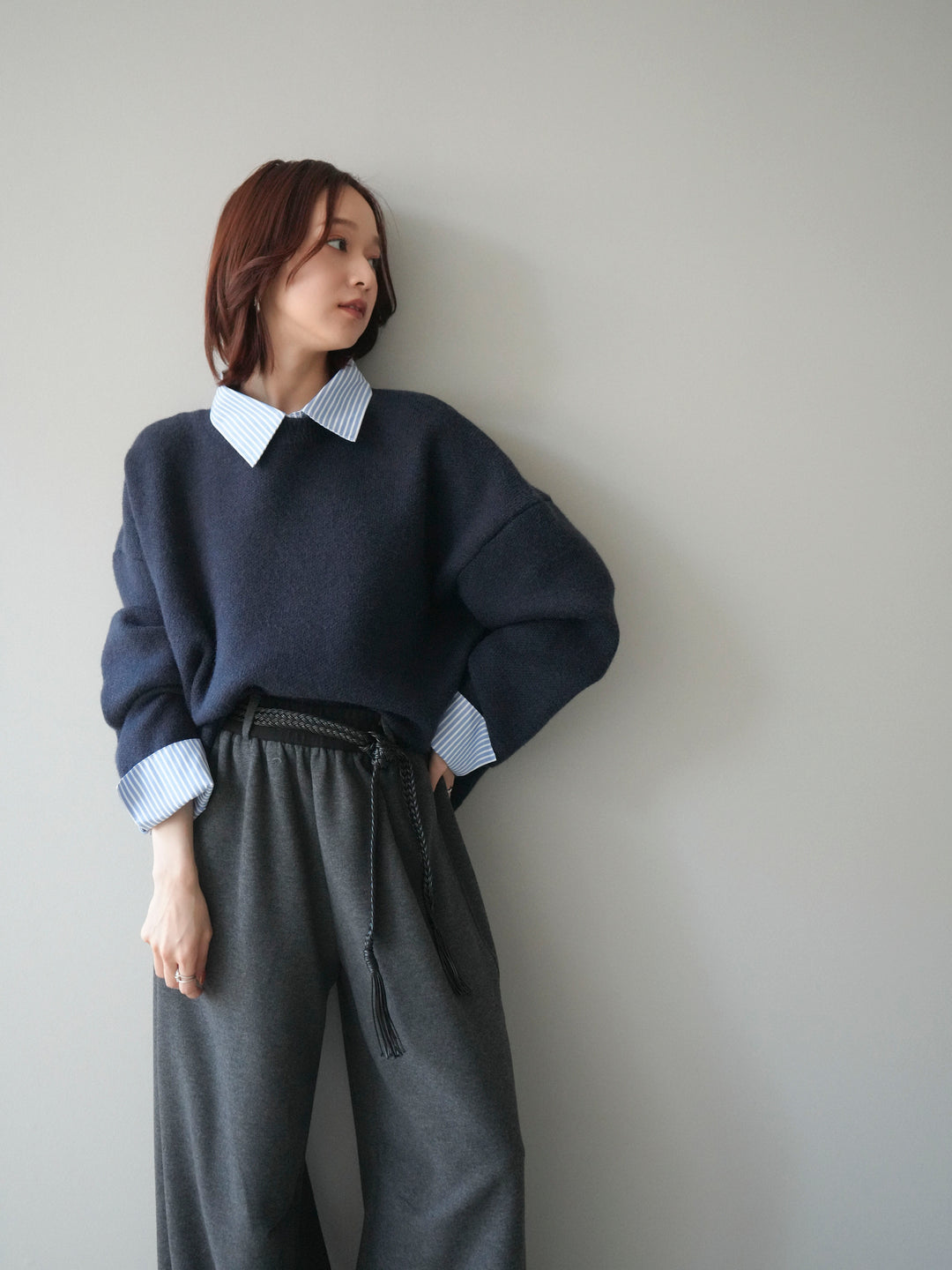 [SET]2WAYストライプ襟ニットプルオーバー+選べるアクセセット(2set)