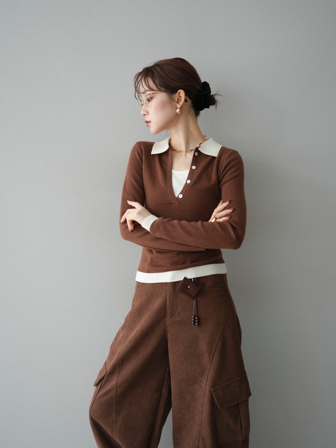 [予約]レイヤード配色ポロニットトップス/brown