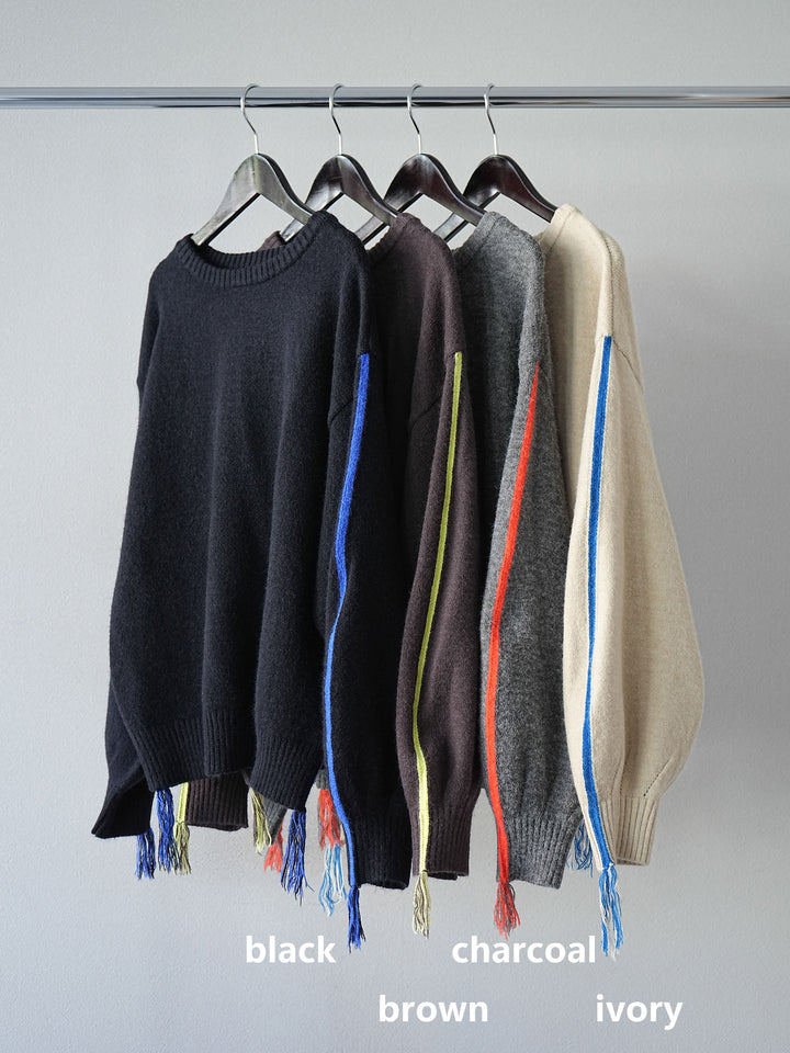 [SET]配色ステッチフリンジニットプルオーバー +スウェードタックワイドパンツ(2set)