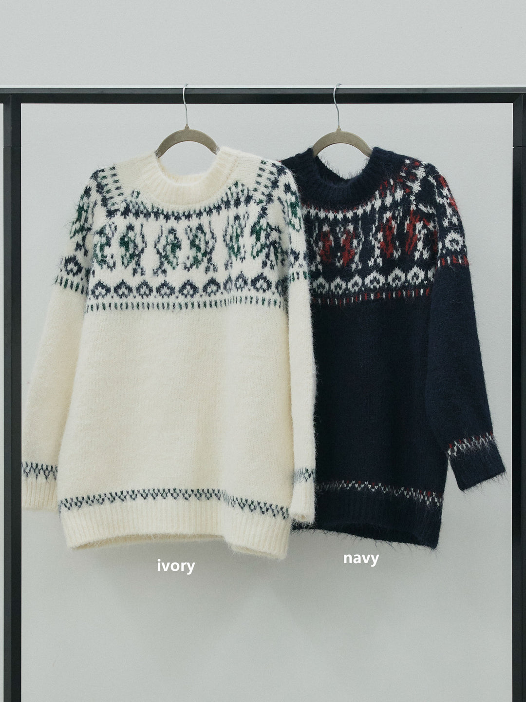 【Allure】[SET]ノルディック柄モックネックオーバニットプルオーバー+起毛レースストレッチナロースカート(2set)