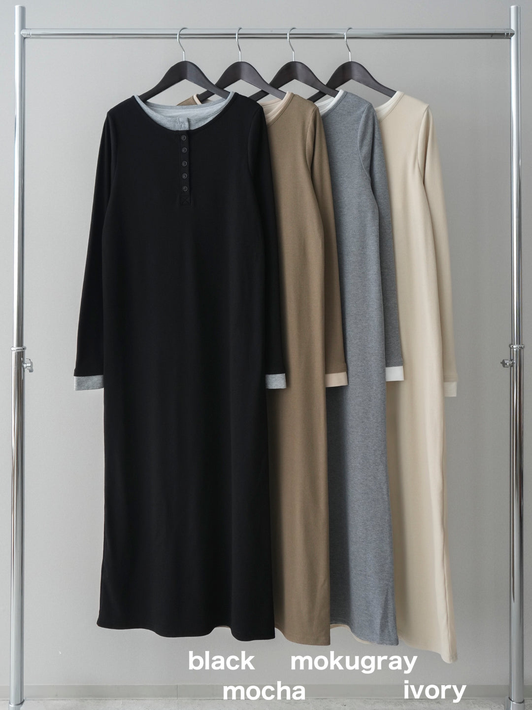 [SET]配色レイヤードヘンリーネックカットリブワンピース+配色ステッチデニムジャケット(2set)