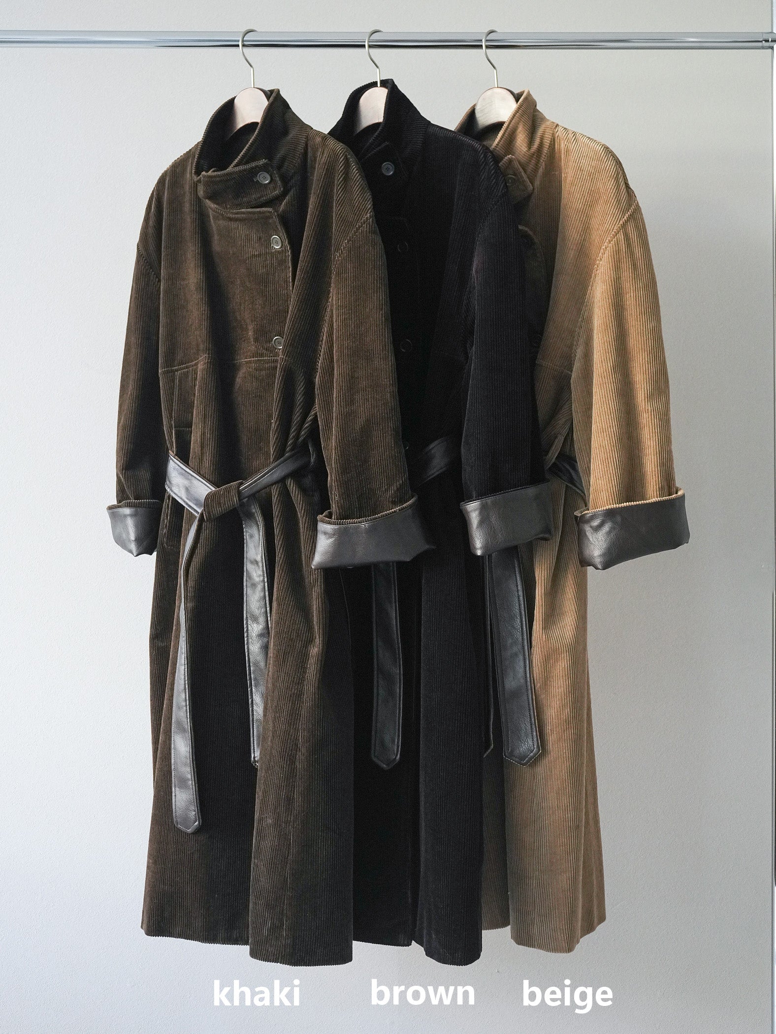 SET]コーデュロイ折り返しレザーロングコート+コーデュロイ折り返し