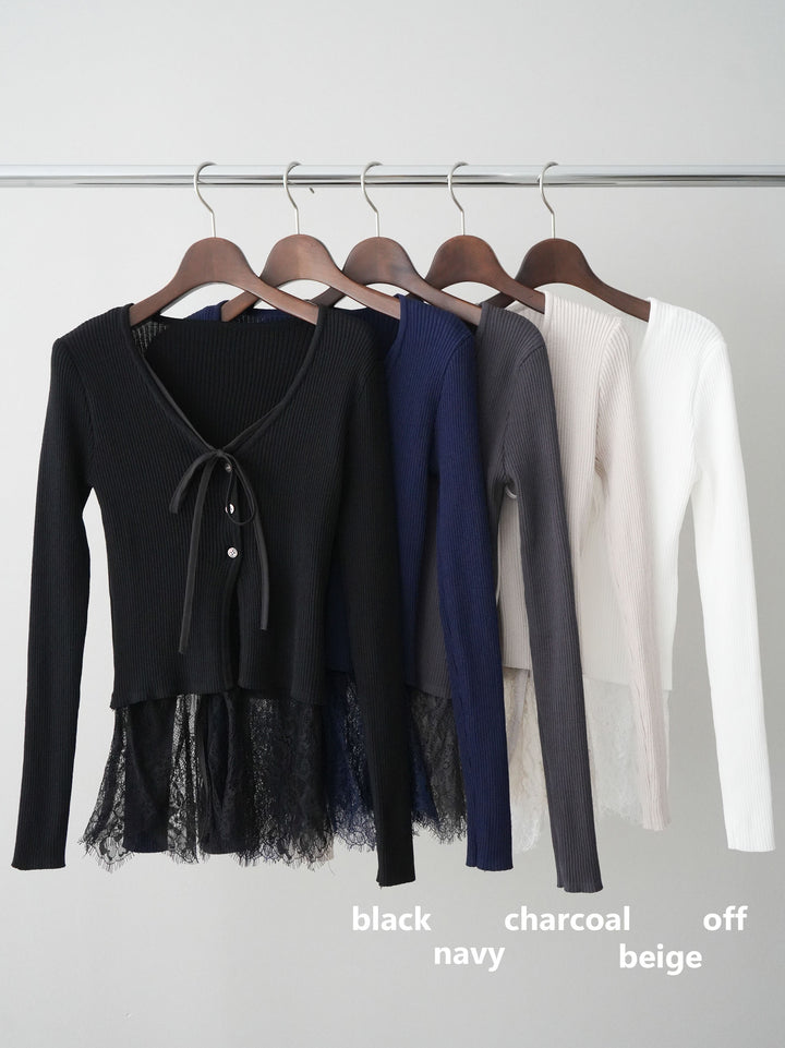 [SET]フロントリボン裾レースリブニットトップス+フロントビジューカーブデニムパンツ(2set)