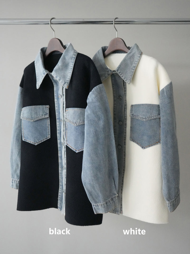 [SET]デニム襟ダブルフェイスニットカーディガン+2WAYデザインスウェットパンツ(2set)