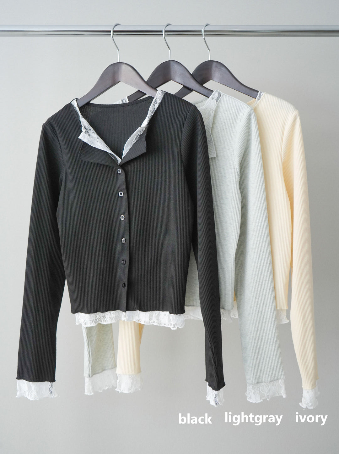 [SET]レースドッキングテレコリブカーディガン+デニム切替スウェットパンツ(2set)