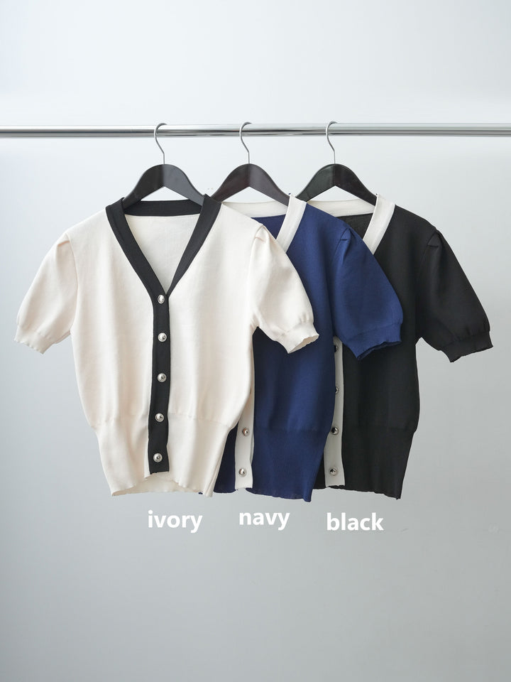 [SET]バイカラーパフスリーブカーディガン+ベルトループデザインワイドパンツ(2set)