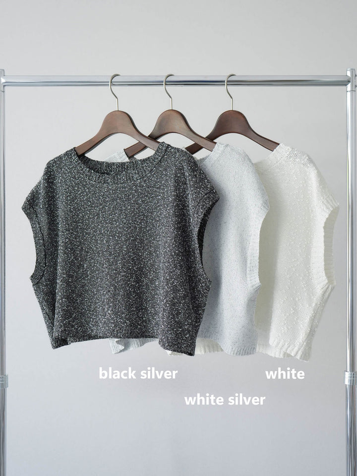 [SET]ネップヤーンクロップドニットベスト+サテンプリーツマキシスカート(2set)