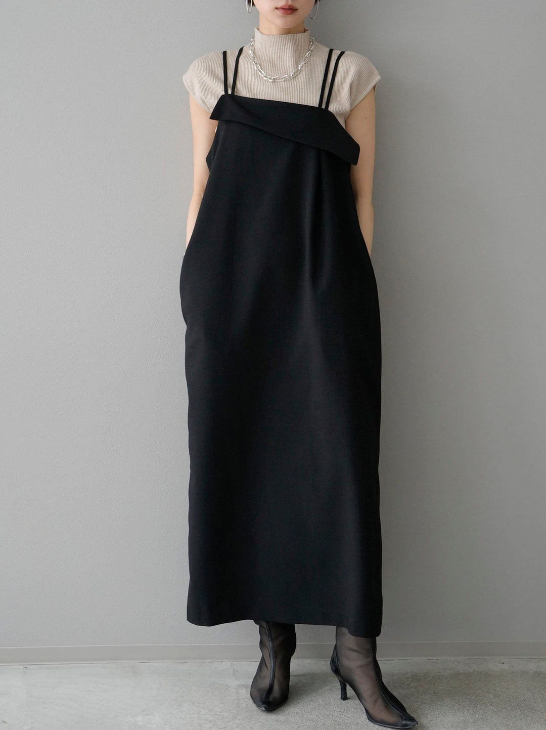 [SET] Design camisole dress + back round open rib knit (2set)