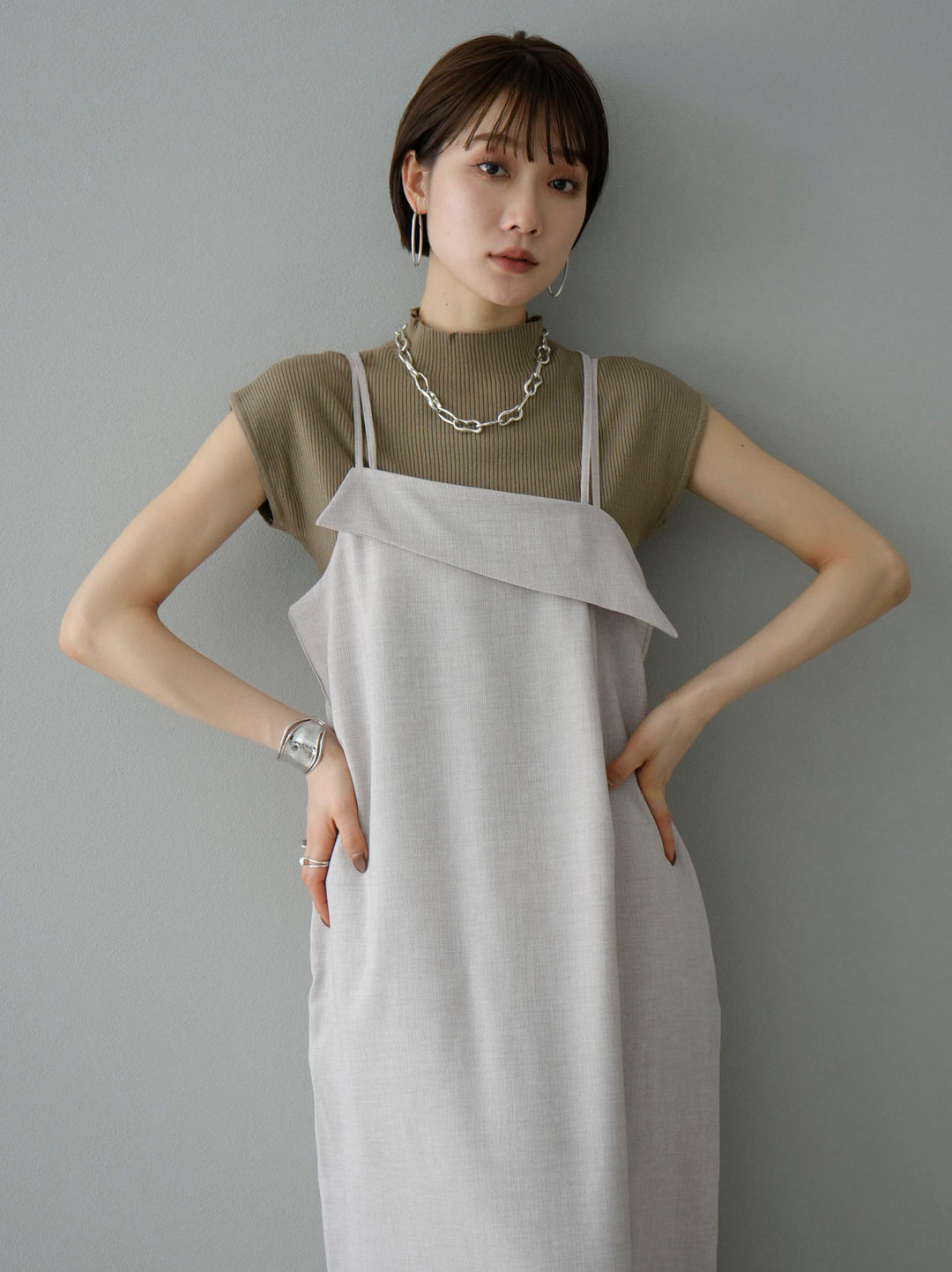 [SET] Design camisole dress + back round open rib knit (2set)