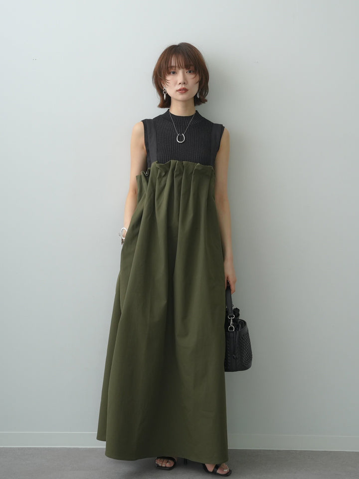 [SET]タックギャザーワンピース+ラメリブノースリニットトップス(2set)