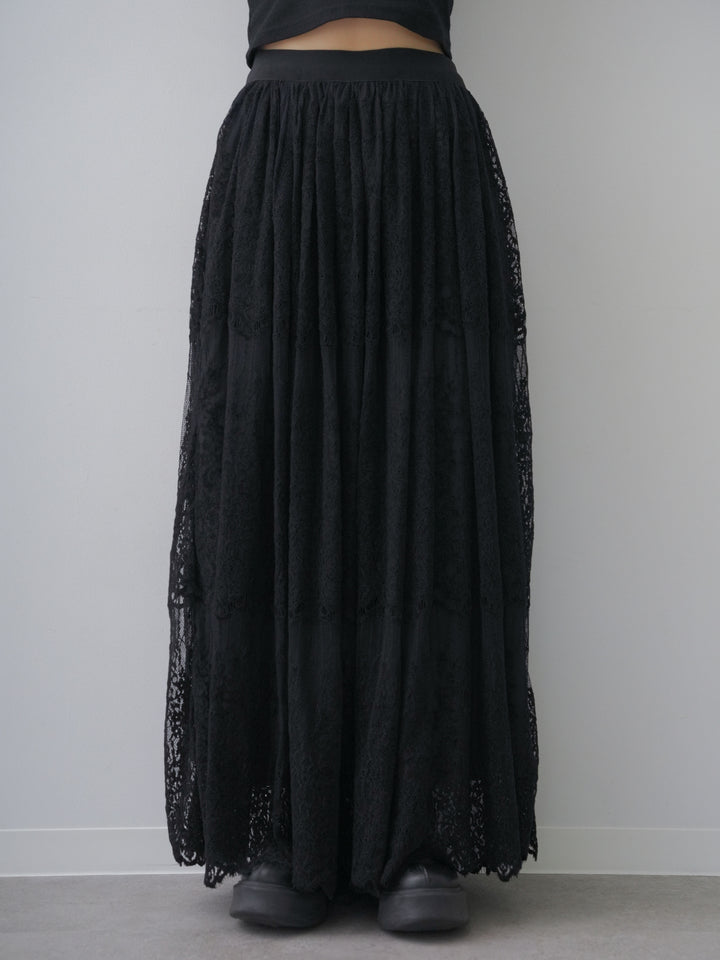 【預購】絲絨蕾絲垂褶喇叭裙 / 黑色