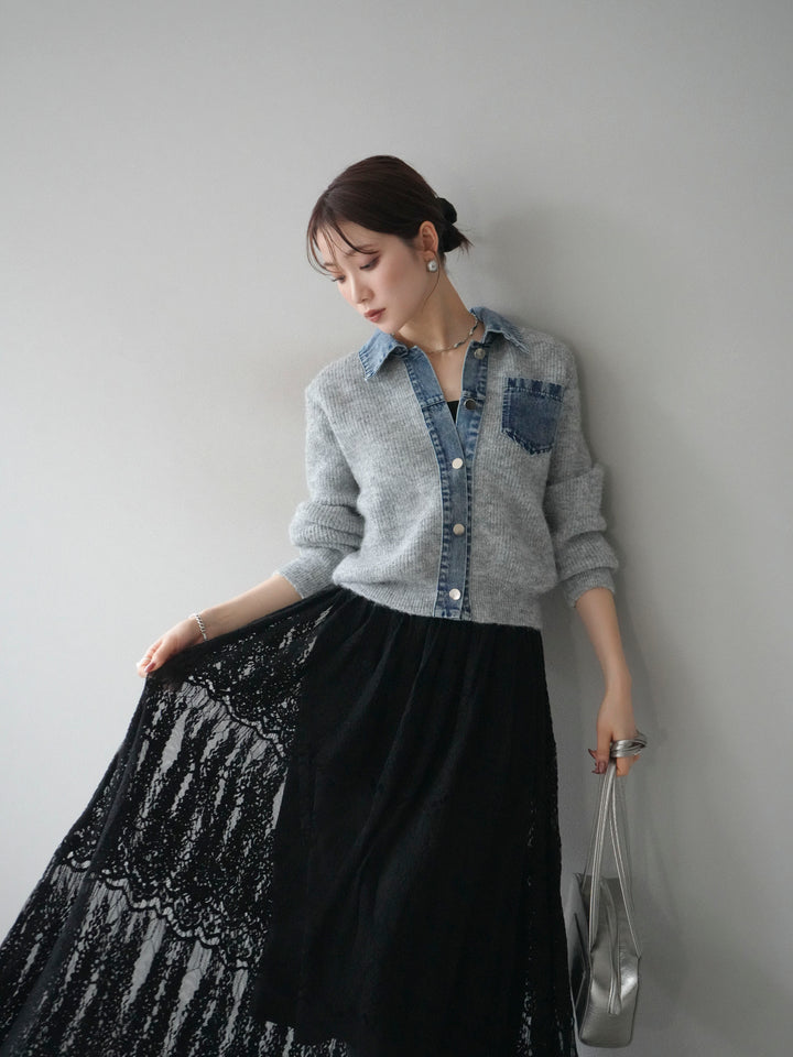 [予約]デニム襟ポケットニットカーディガン/gray