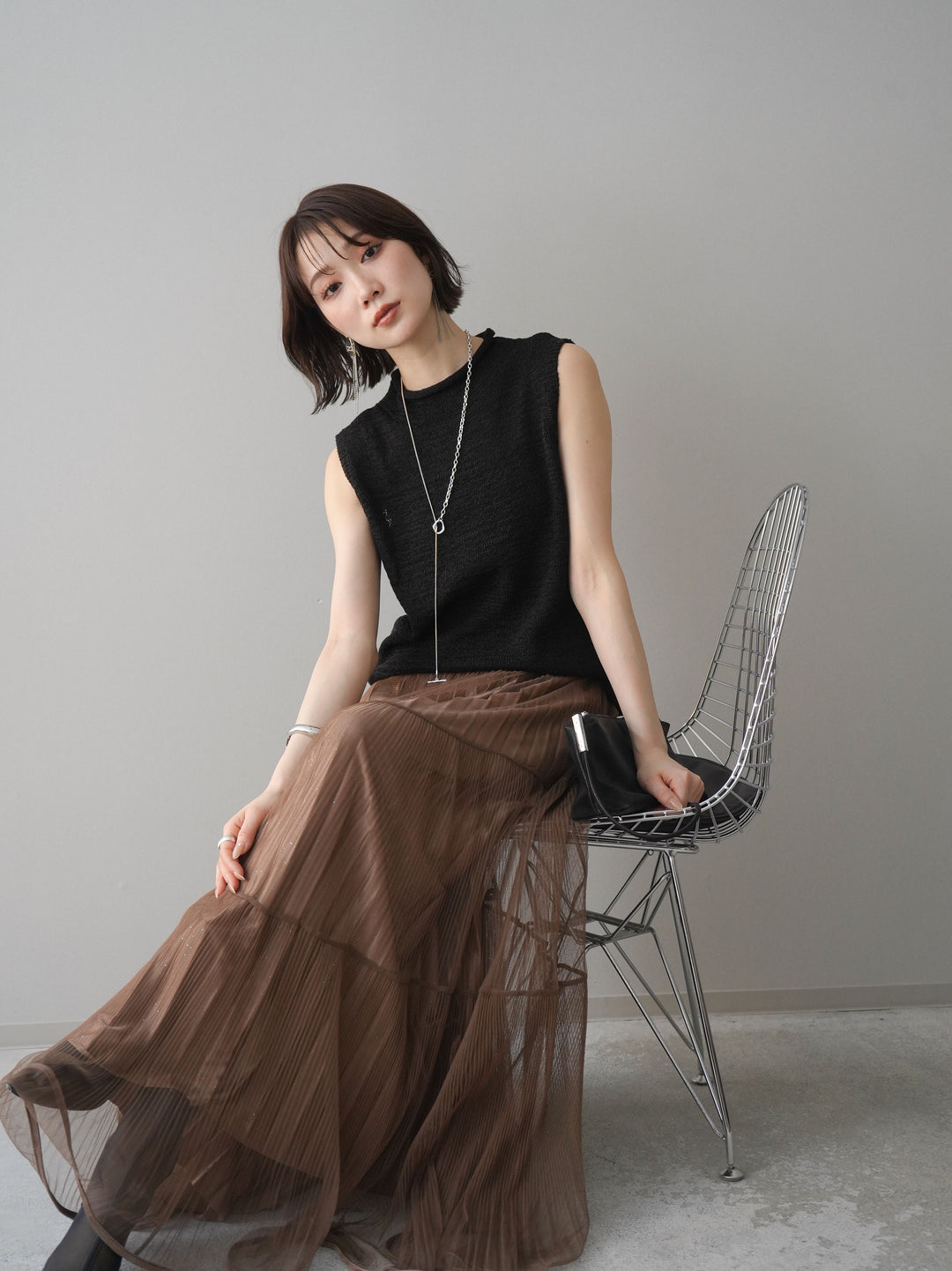 [予約]ノースリーブリネンタッチシアーニットプルオーバー/black