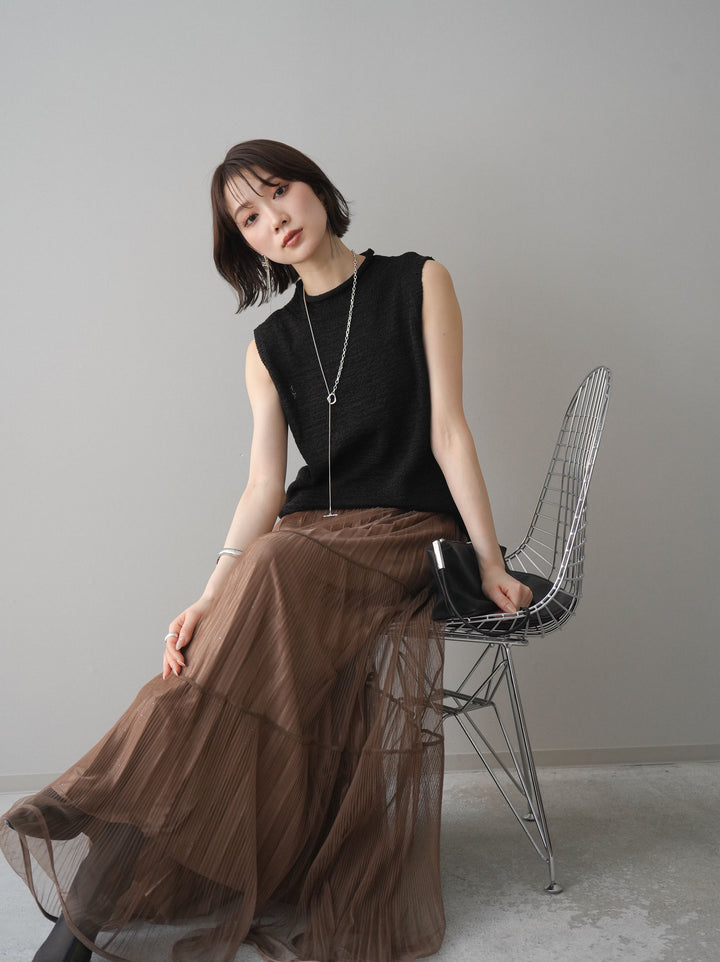 [予約]ノースリーブリネンタッチシアーニットプルオーバー/black