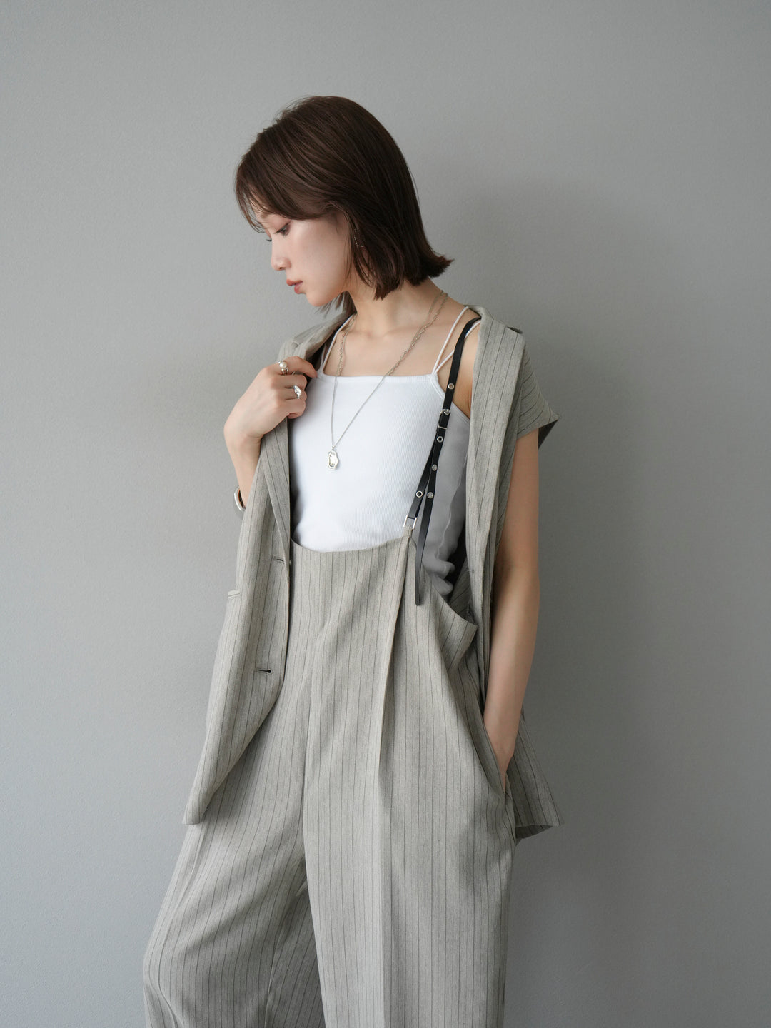 [SET]ヘリンボーンストライプジレ+ヘリンボーンストライプサロペット(2set)