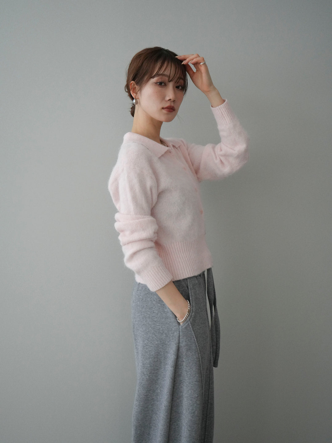 [予約]モヘア衿付きボタンプルオーバー/pink