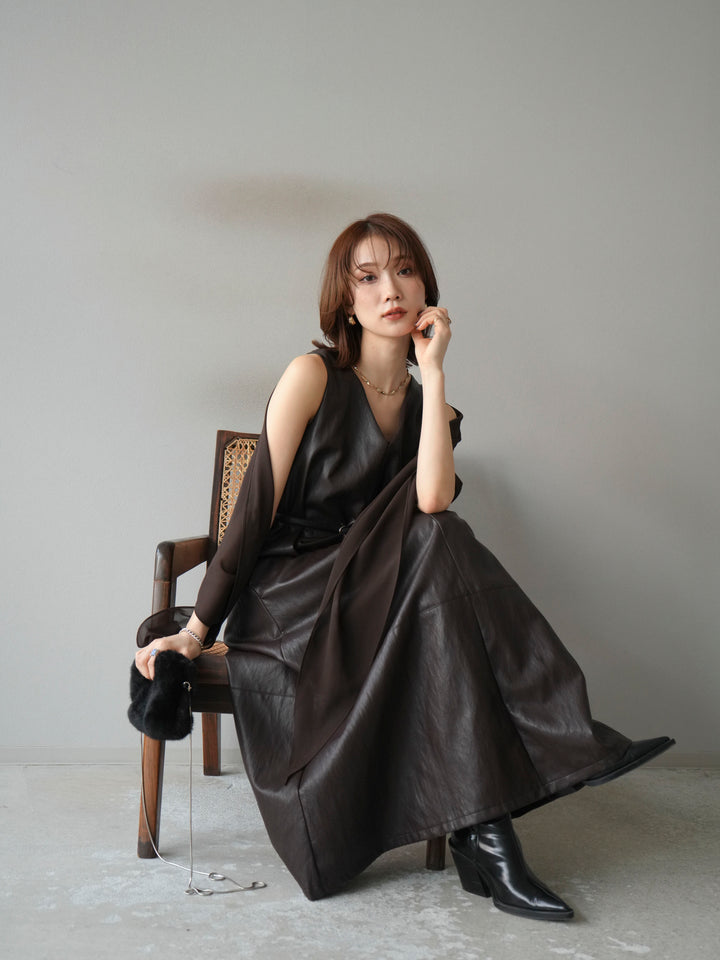 [予約]レザーAラインワンピース/ブラウン
