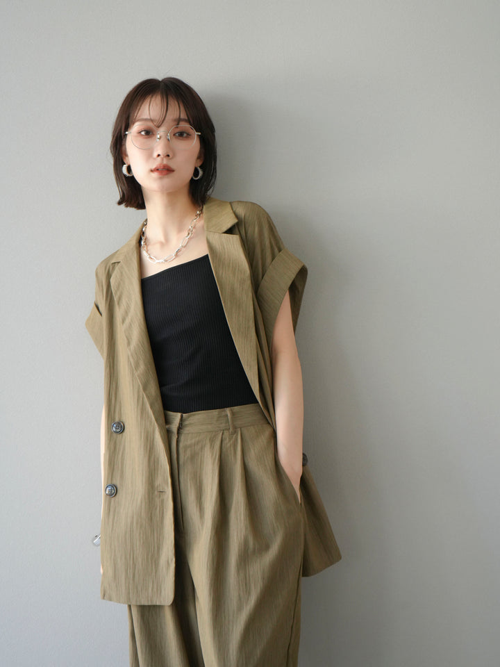 [套裝] 亞麻風格無袖雙背心 + 雙肩帶剪裁羅紋胸罩吊帶背心（2 件套）