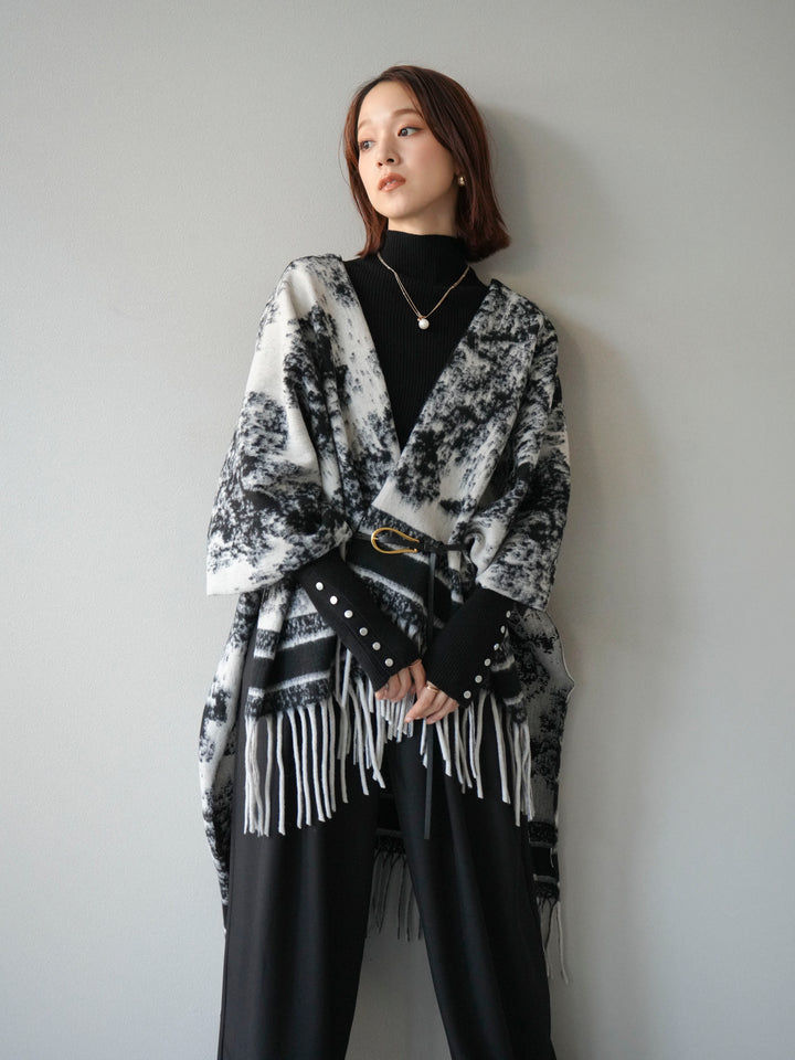 [予約]アブストラクト柄ストールポンチョ/グレー