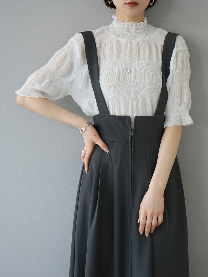 [SET] Shirring chiffon half sleeve blouse + 2WAY flare jumper skirt (2set)