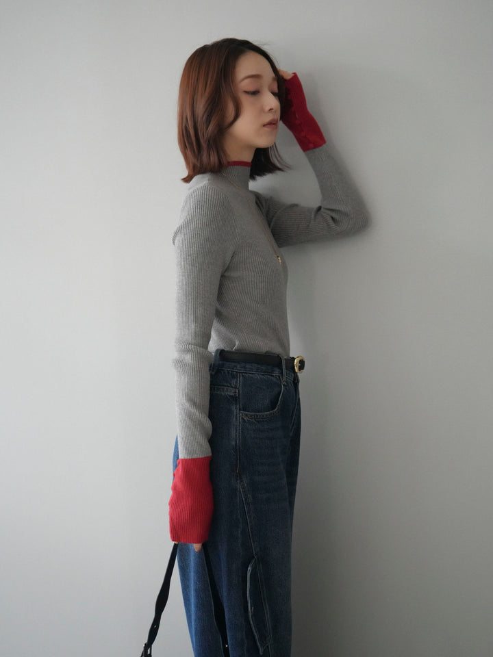 [SET]袖ボタンハイネック配色リブニットトップス+袖ボタンハイネック配色リブニットトップス(2set)