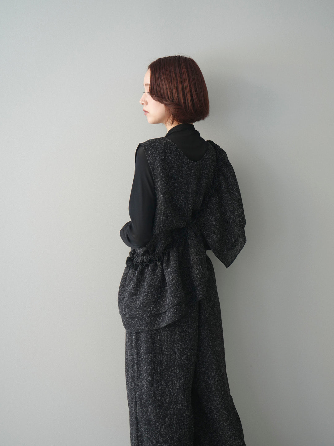 [SET]3WAYミックスツイードギャザーオールインワン+シアープチネックストレッチトップス(2set)