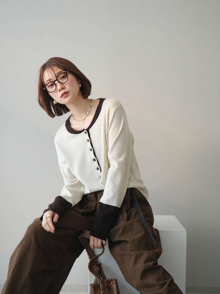 [SET]ヘンリーネック配色ニットソー+コットンタックループパンツ(2set)