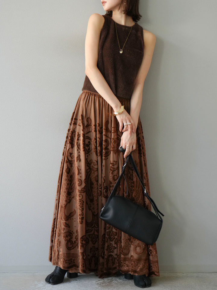 [予約]アンティーク柄フロッキーマキシスカート/ブラウン