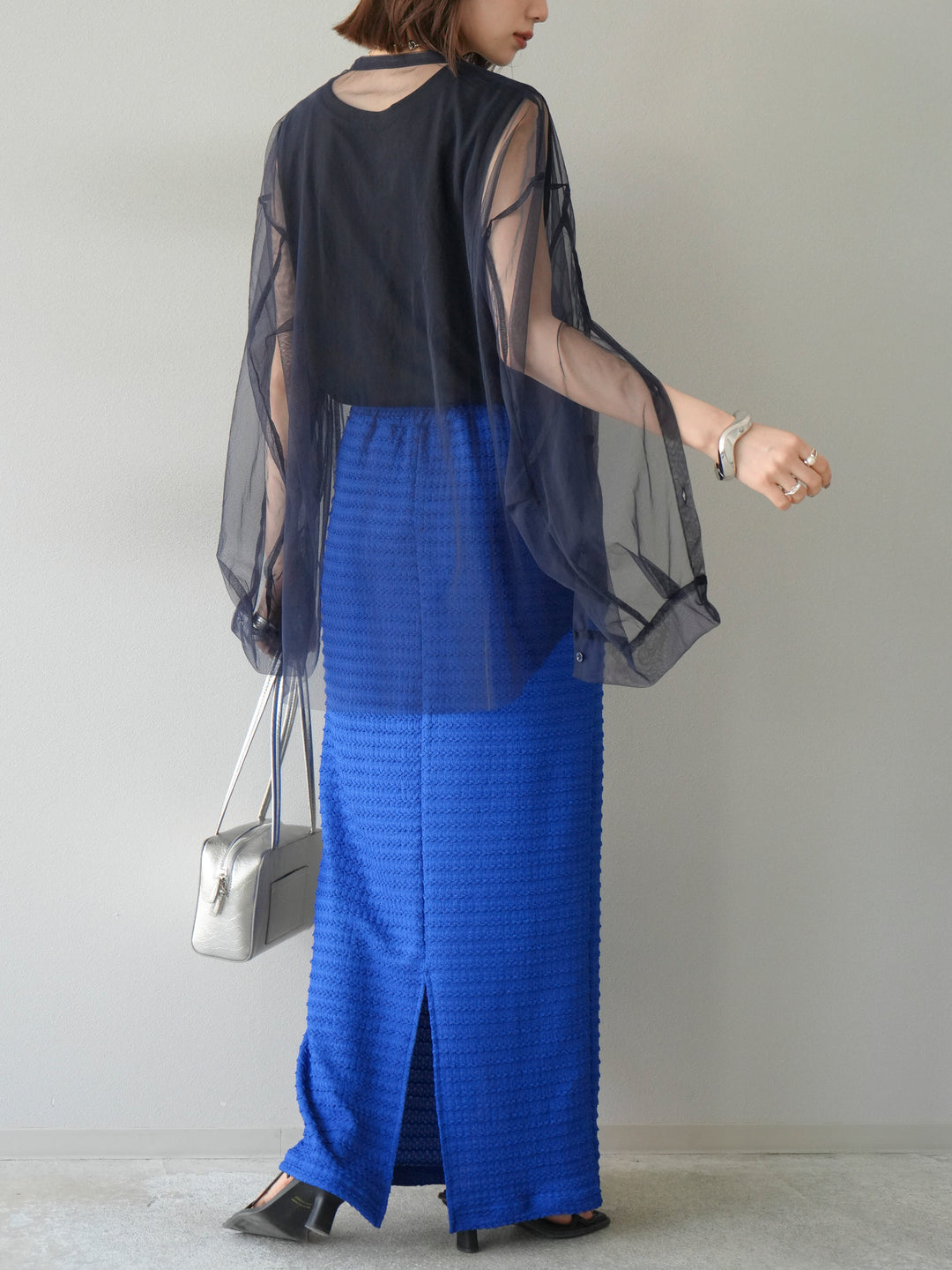 [予約]2WAYスリーブチュールシャツ/ネイビー