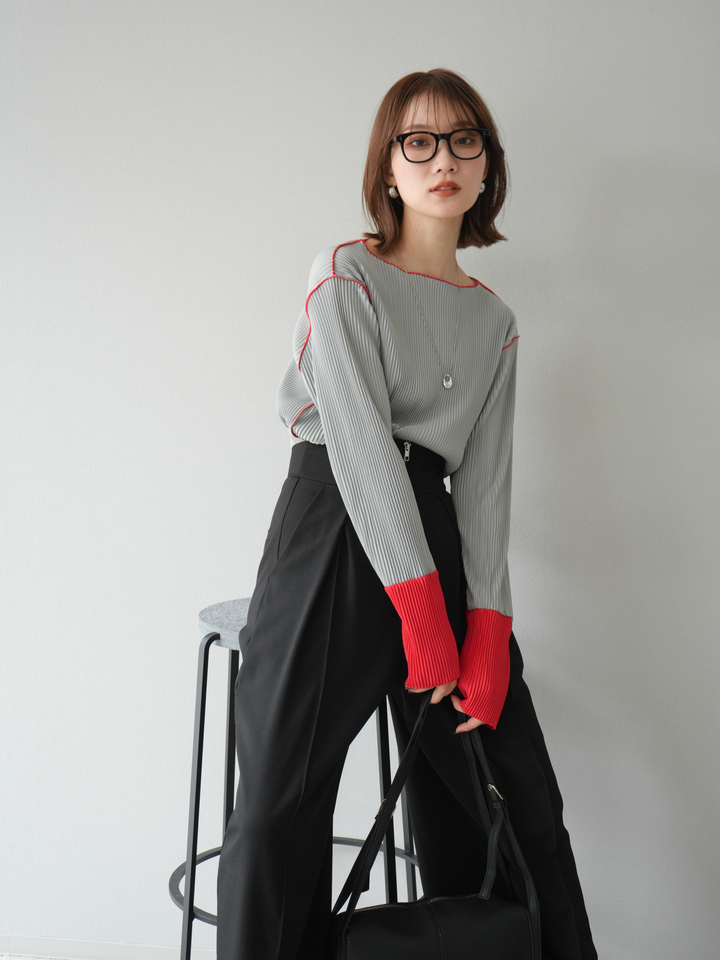 [予約]バイカラープリーツトップス/グレー