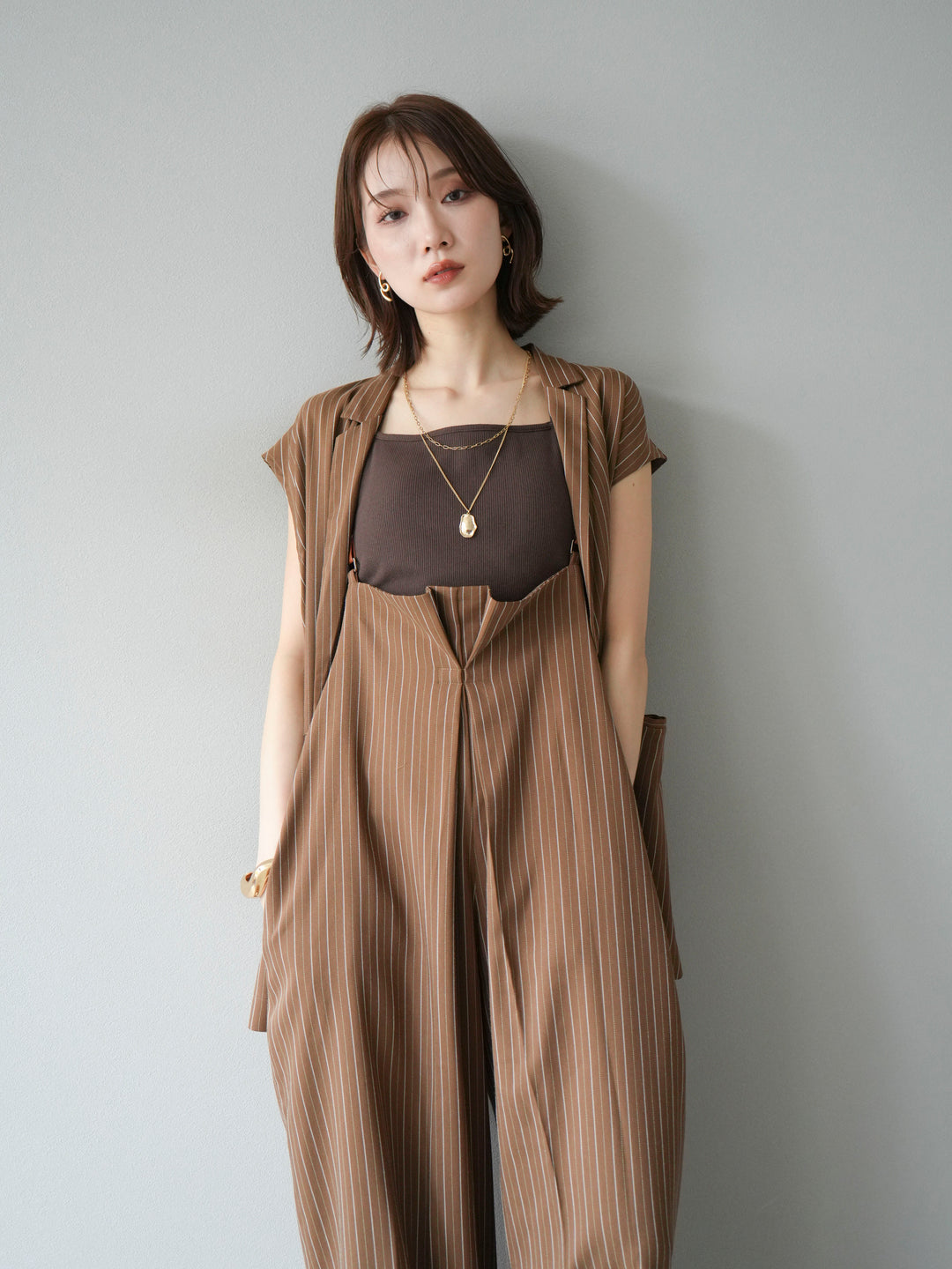 【着回しセット】[SET]ヘリンボーンストライプジレ+シアー切替ベロアトップス+ヘリンボーンストライプサロペット(3set)